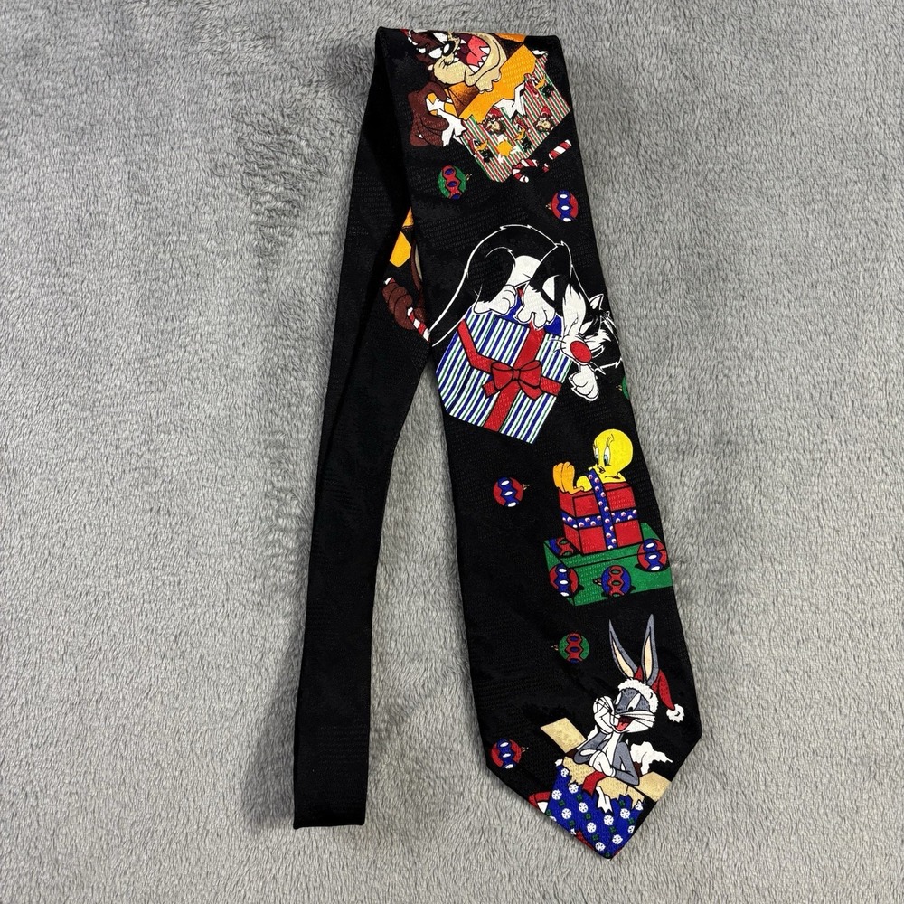 Vtg Looney Tunes Mania Neck Tie Cartoon Characters Christmas Holiday 100% Silk